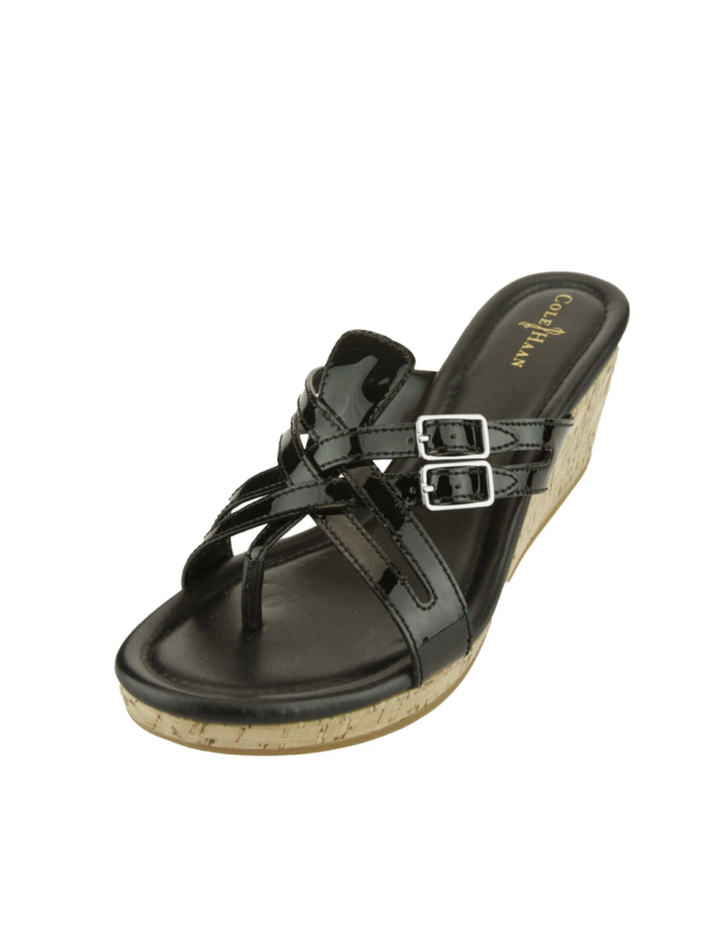 Cole Haan Women's Corby Thong II Wedge Sandals, Black LEATHER SIZE 7.5 B